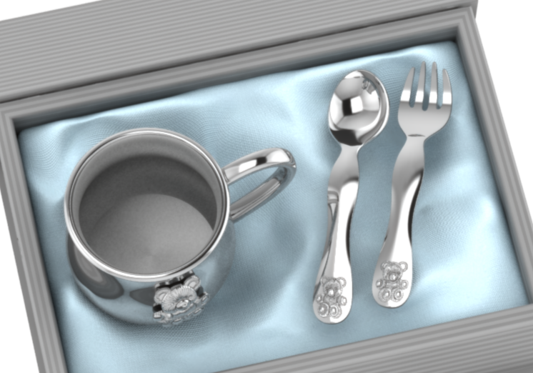 Silver Plated Gift Set For Baby - Hamper With Teddy Cup And Spoon Fork Set Blue Hampers