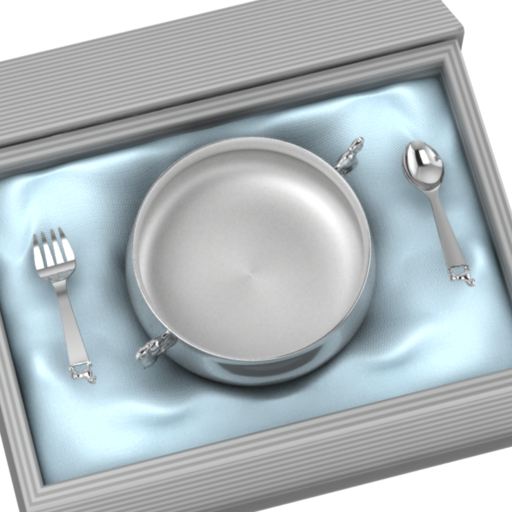 Silver Plated Gift Set For Baby - Hamper With Horse Porringer Bowl & Spoon Fork Set Blue Hampers