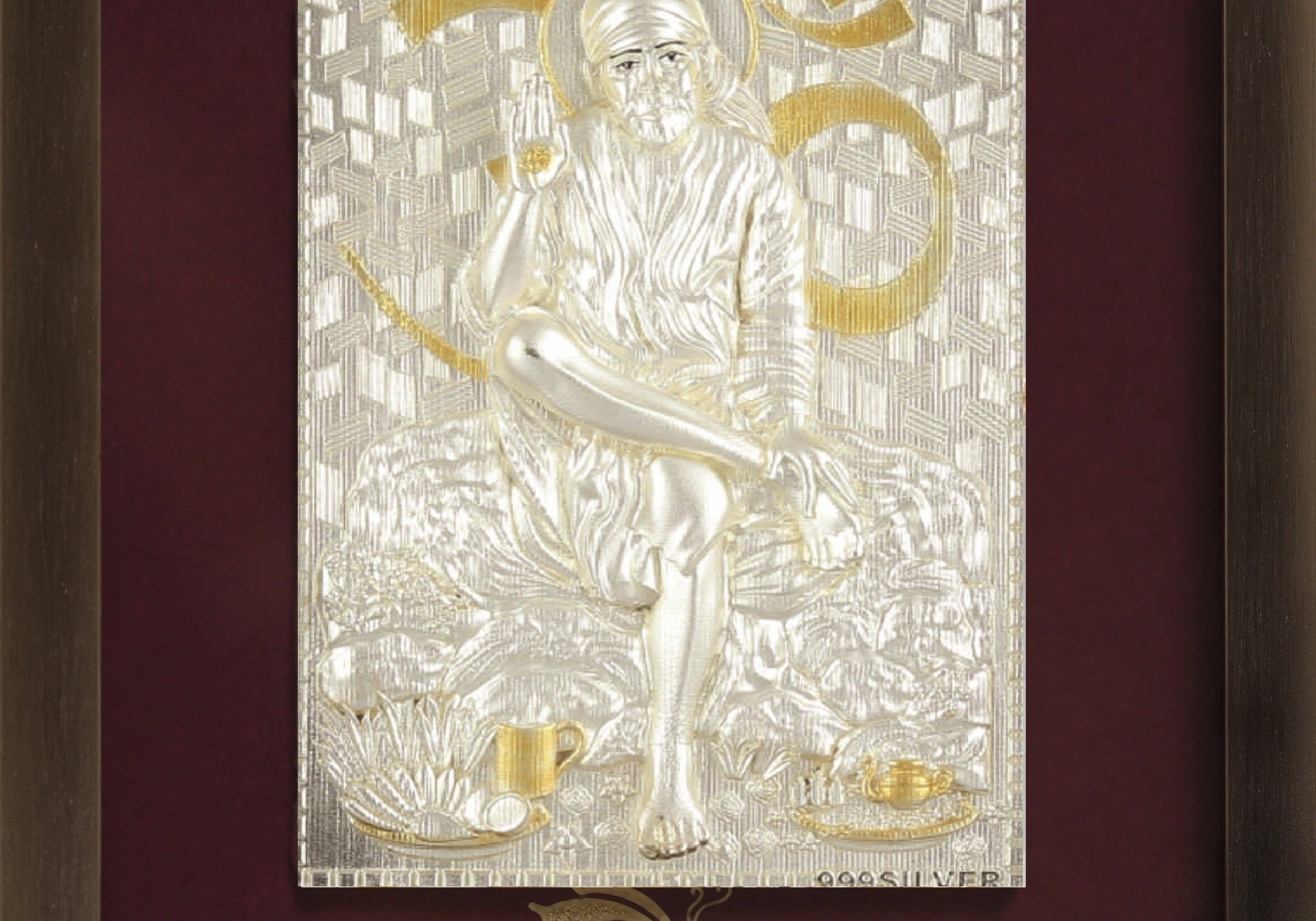 Pure Silver God Photo Frame of Sai Baba sitting by Isvara