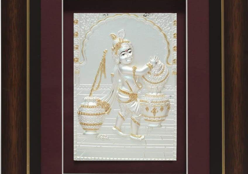 Pure Silver God Photo Frame of Bal Krishna by Isvara