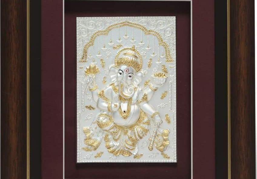 Pure Silver God Photo Frame of Dancing Ganesha by Isvara