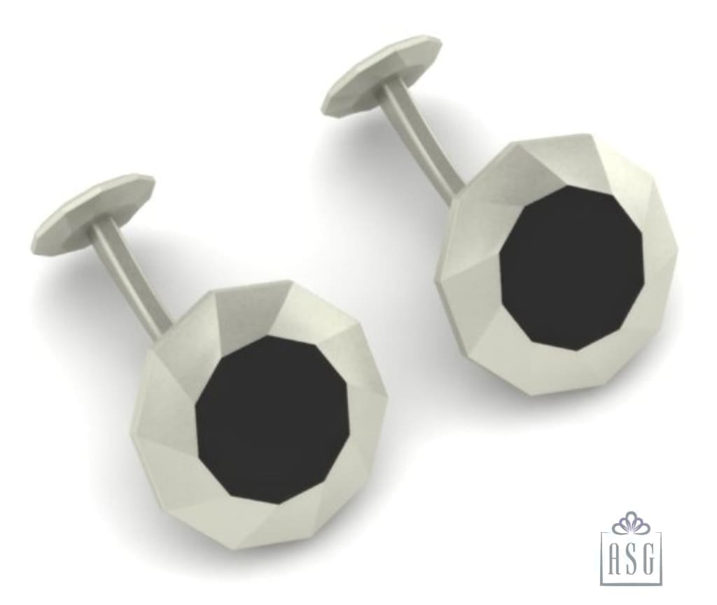 Sterling Silver Cufflinks - Decagonal Swirls with Black enamel