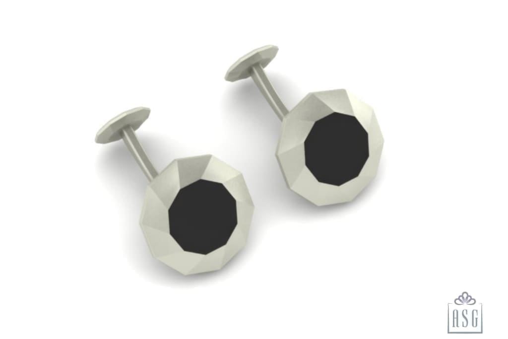 Sterling Silver Cufflinks - Decagonal Swirls with Black enamel