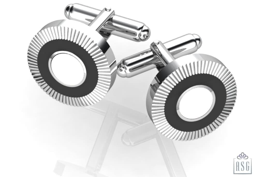 Sterling Silver Cufflinks - Round ribbed with black and white enamel