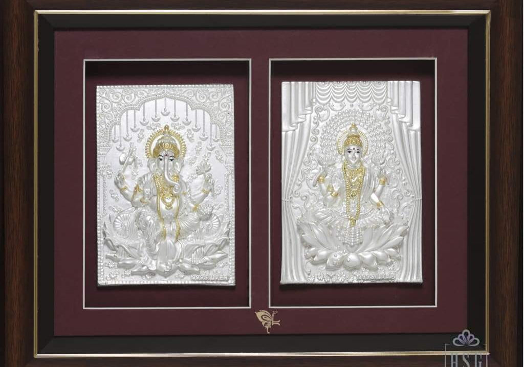 Pure Silver God Photo Frame of Ganesh Lakshmi by Isvara