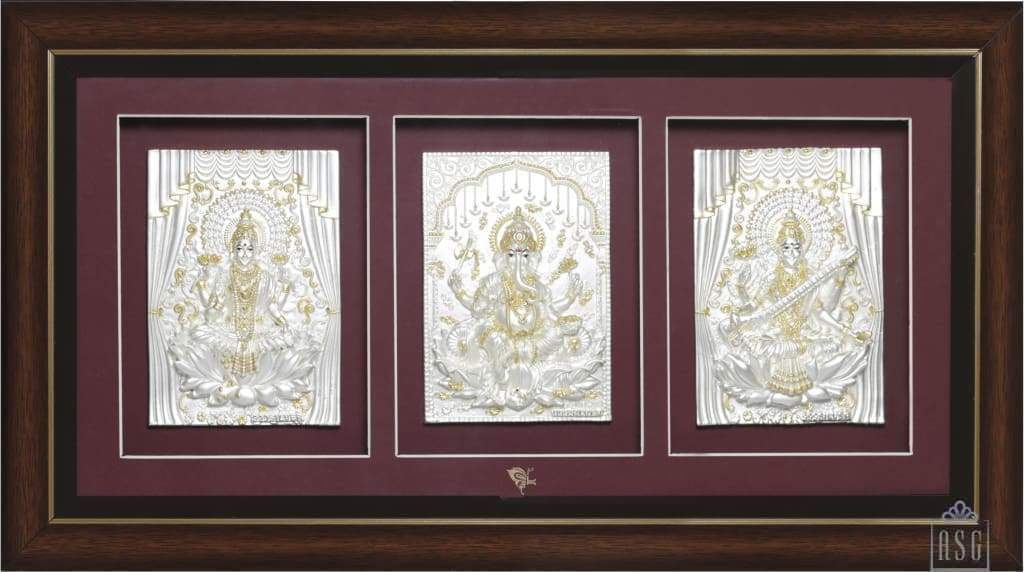 Pure Silver God Photo Frame of Lakshmi Ganesh Saraswati by Isvara