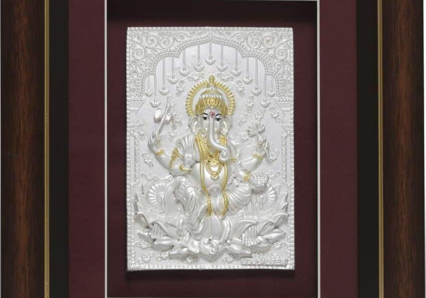 Pure Silver God Photo Frame of Lotus Ganesha by Isvara