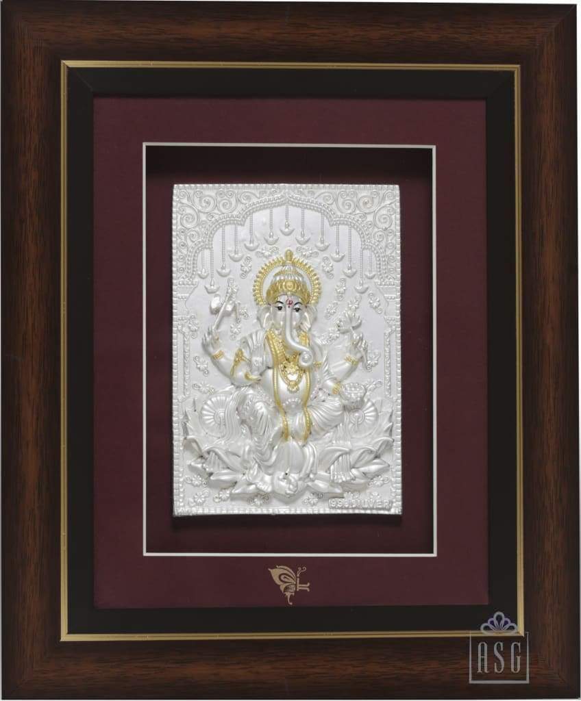 Pure Silver God Photo Frame of Lotus Ganesha by Isvara