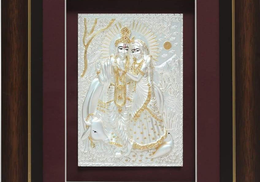 Pure Silver God Photo Frame of Radha Krishna by Isvara