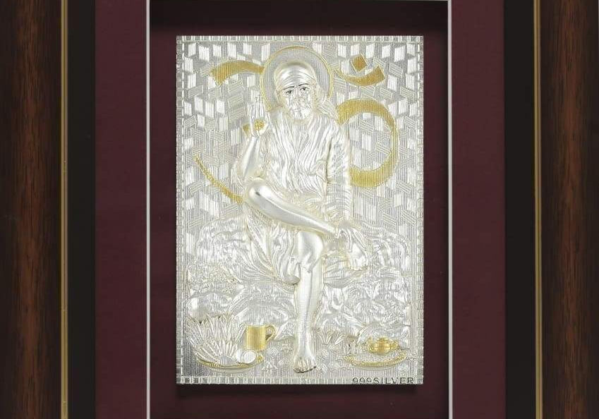 Pure Silver God Photo Frame of Sai Baba sitting by Isvara