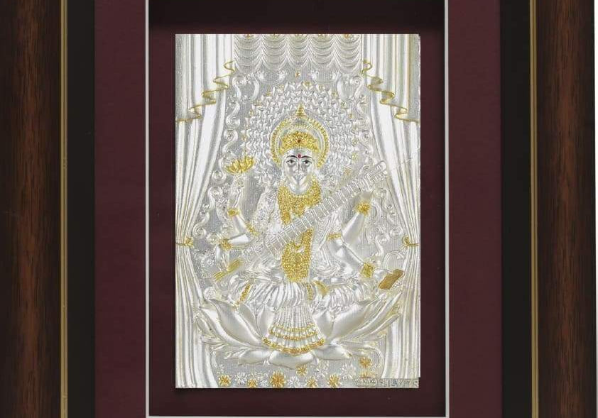 Pure Silver God Photo Frame of Goddess Saraswati by Isvara