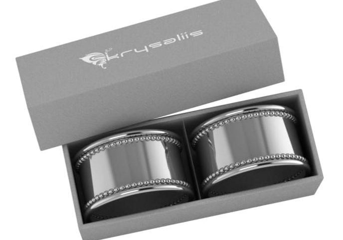 Silver Plated Napkin Ring Set of 2 - Beaded Oval