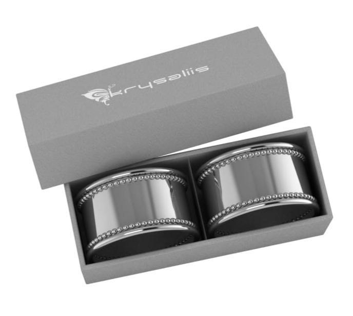 Silver Plated Napkin Ring Set of 2 - Beaded Oval