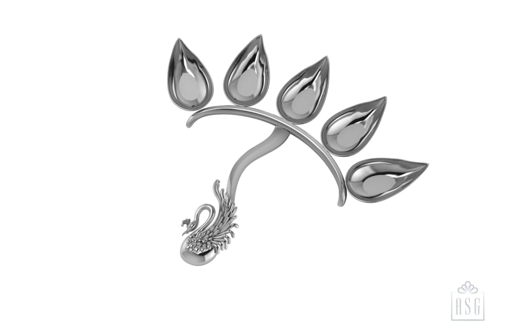 Silver Puja Diya - Five Diyas With Peacock Handle By Isvara Pooja Items