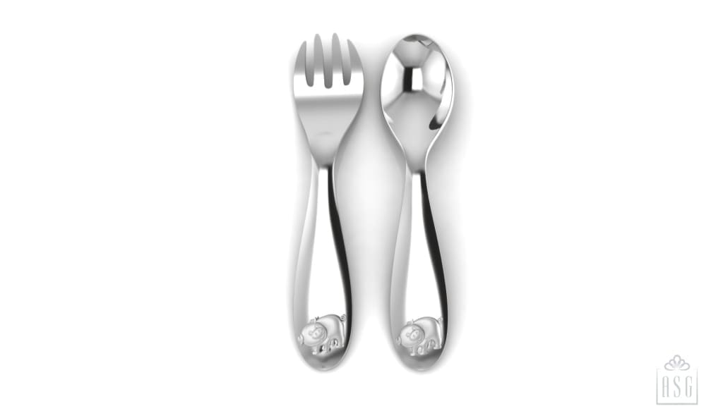 Silver Plated Baby Spoon & Fork Set - Cute Piggy