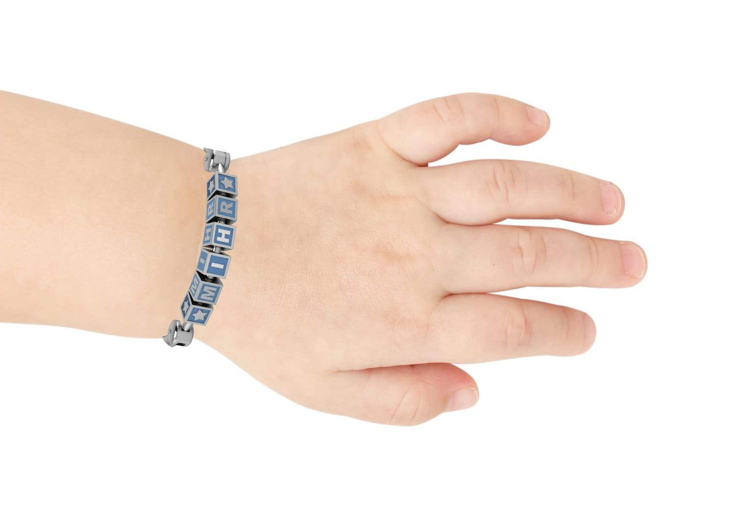 Personalised Silver Bangle Bracelet For Baby & Child - Adjustable With Square Cubes Babykubes Kada