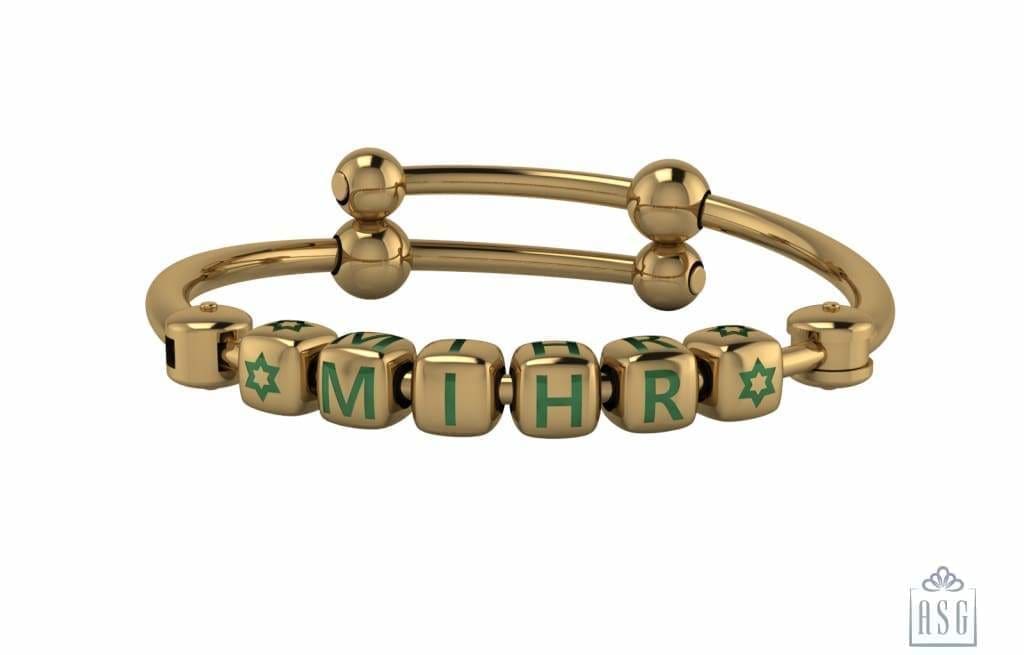 Sterling Silver 18 Kt Gold Plated Dice Babykubes On Plain Pipe Adjustable Bracelet Kada Green