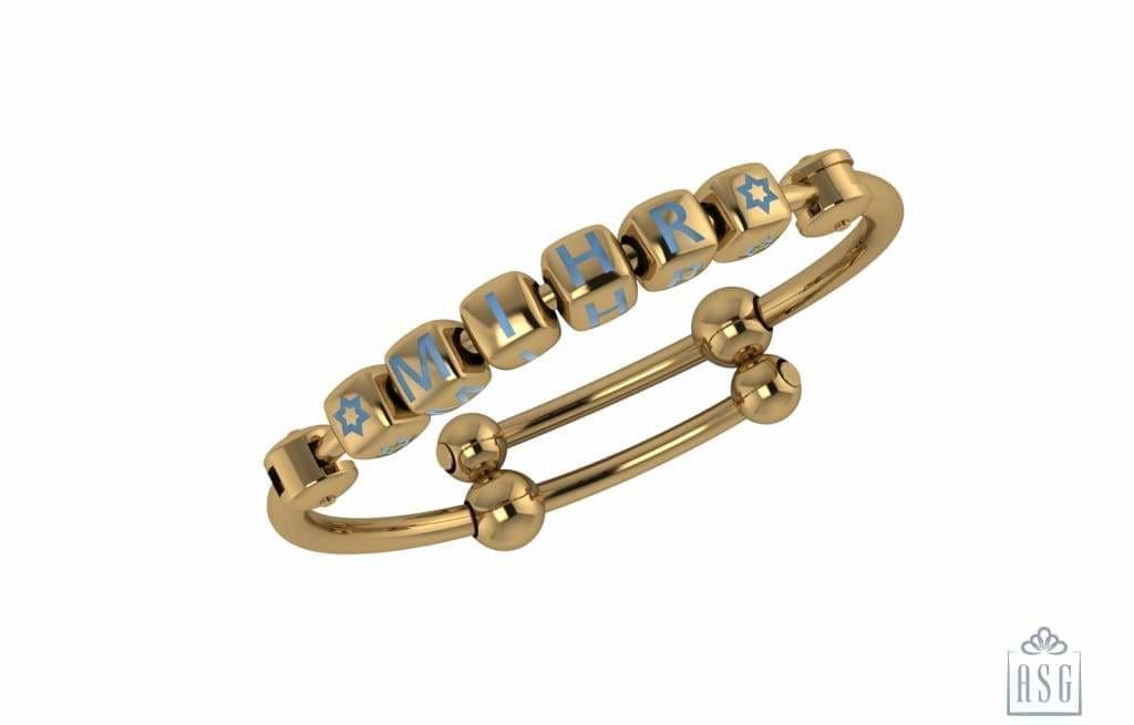 Sterling Silver 18 Kt Gold Plated Dice Babykubes On Plain Pipe Adjustable Bracelet Kada Blue