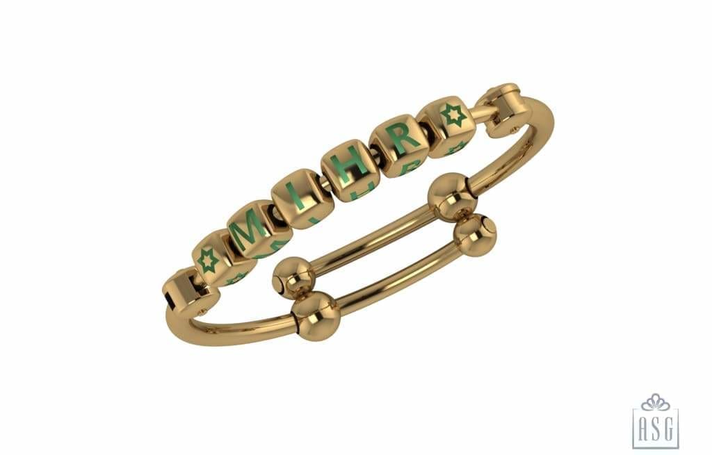 Sterling Silver 18 Kt Gold Plated Dice Babykubes On Plain Pipe Adjustable Bracelet Kada Green