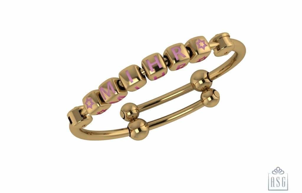 Sterling Silver 18 Kt Gold Plated Dice Babykubes On Plain Pipe Adjustable Bracelet Kada Pink