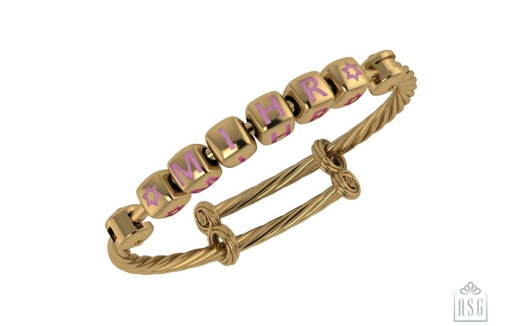 Sterling Silver 18 Kt Gold Plated Dice Babykubes On Twisted Pipe Adjustable Bracelet Kada Pink