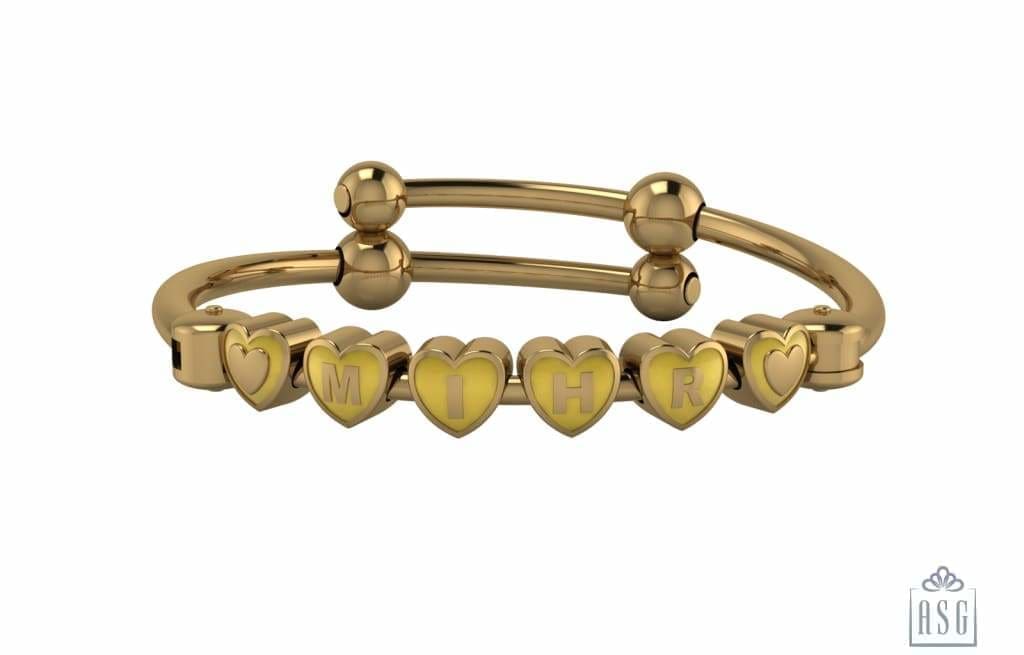 Sterling Silver 18 Kt Gold Plated Heart Babykubes On Plain Pipe Adjustable Bracelet Kada Yellow