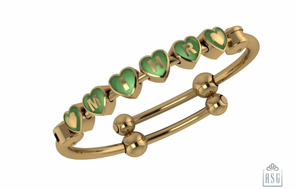 Sterling Silver 18 Kt Gold Plated Heart Babykubes On Plain Pipe Adjustable Bracelet Kada Green