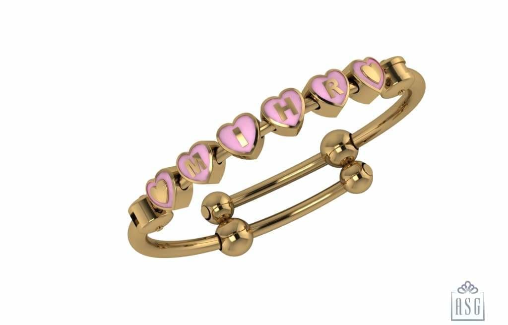 Sterling Silver 18 Kt Gold Plated Heart Babykubes On Plain Pipe Adjustable Bracelet Kada Pink