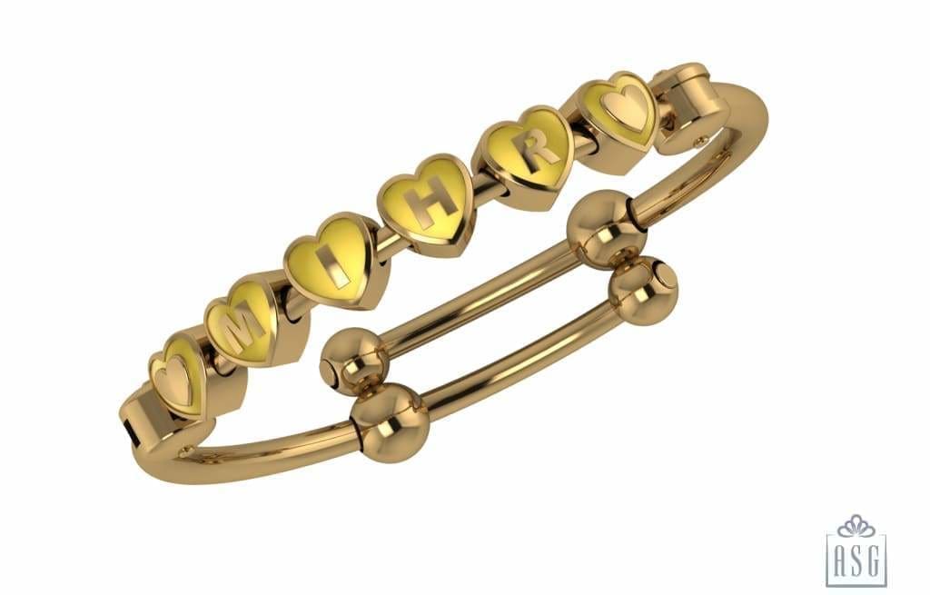 Sterling Silver 18 Kt Gold Plated Heart Babykubes On Plain Pipe Adjustable Bracelet Kada Yellow