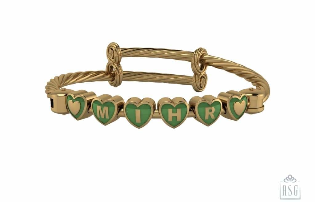 Sterling Silver 18 Kt Gold Plated Heart Babykubes On Twisted Pipe Adjustable Bracelet Kada Green