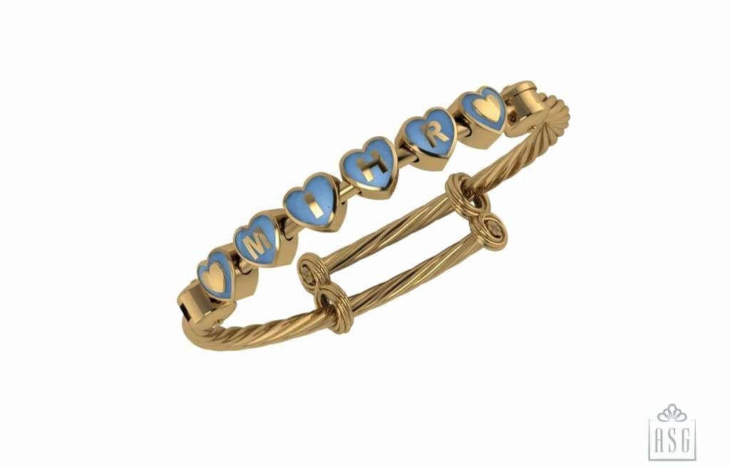 Sterling Silver 18 Kt Gold Plated Heart Babykubes On Twisted Pipe Adjustable Bracelet Kada Blue