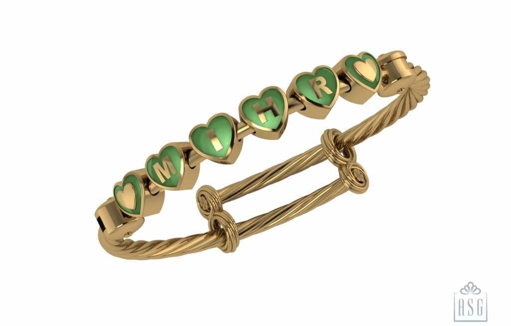 Sterling Silver 18 Kt Gold Plated Heart Babykubes On Twisted Pipe Adjustable Bracelet Kada Green