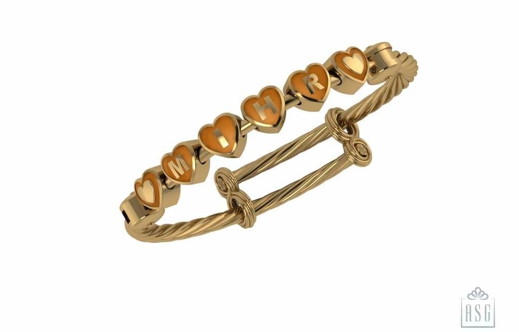 Sterling Silver 18 Kt Gold Plated Heart Babykubes On Twisted Pipe Adjustable Bracelet Kada Orange