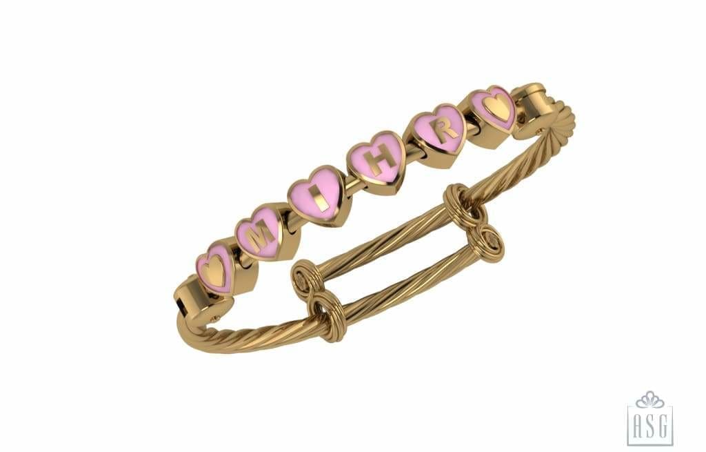 Sterling Silver 18 Kt Gold Plated Heart Babykubes On Twisted Pipe Adjustable Bracelet Kada Pink