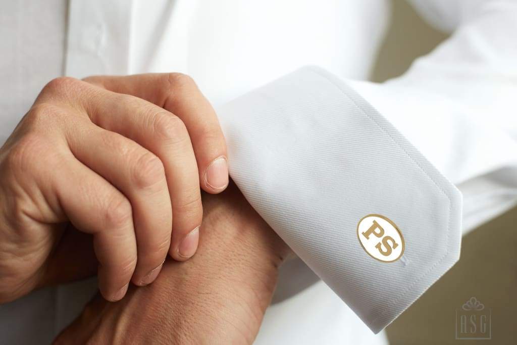 Personalised Sterling Silver Cufflinks Oval With 18 Kt Gold Plating For Men White