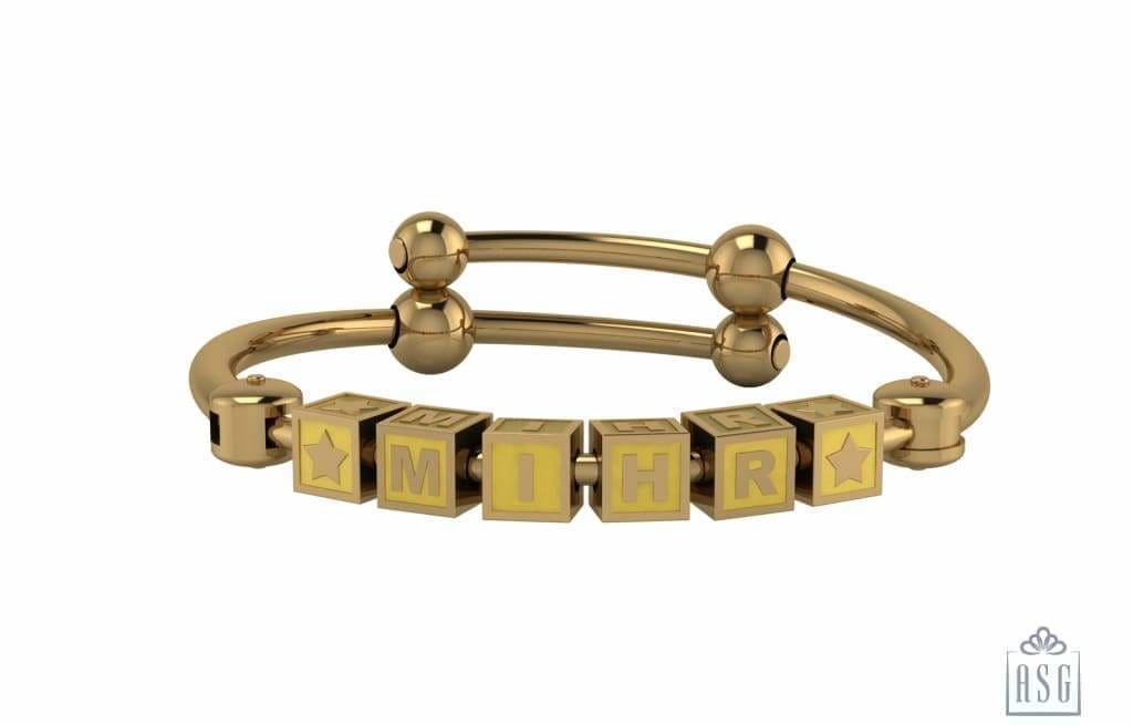 Sterling Silver 18 Kt Gold Plated Square Babykubes On Plain Pipe Adjustable Bracelet Kada Yellow
