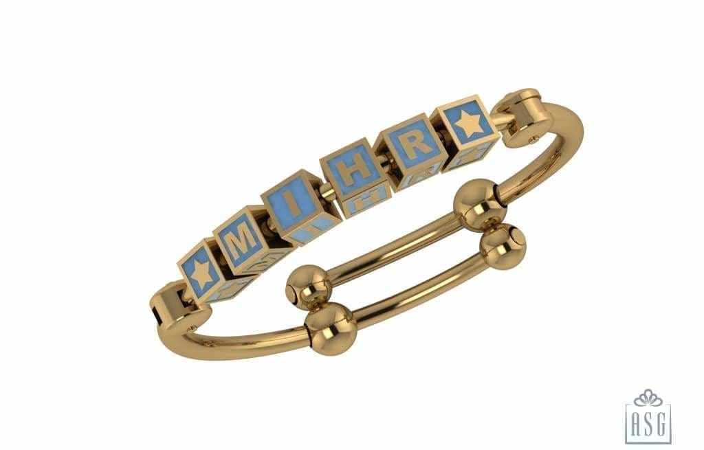 Sterling Silver 18 Kt Gold Plated Square Babykubes On Plain Pipe Adjustable Bracelet Kada Blue