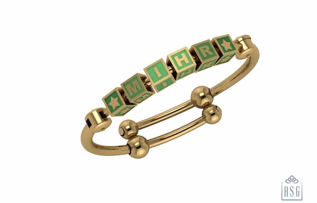 Sterling Silver 18 Kt Gold Plated Square Babykubes On Plain Pipe Adjustable Bracelet Kada Green