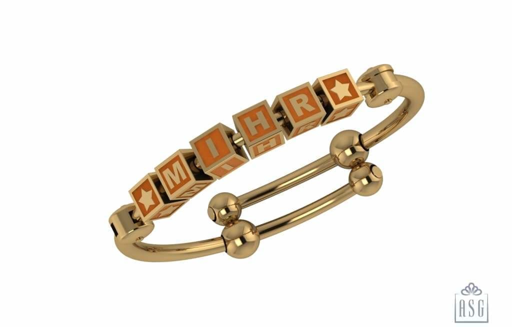 Sterling Silver 18 Kt Gold Plated Square Babykubes On Plain Pipe Adjustable Bracelet Kada Orange