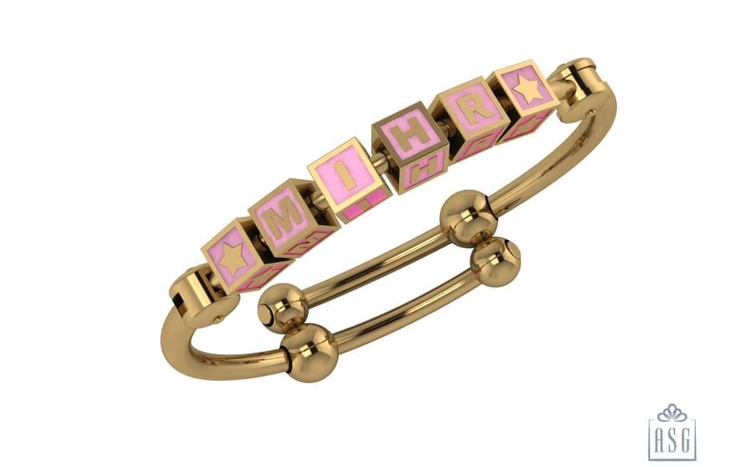 Sterling Silver 18 Kt Gold Plated Square Babykubes On Plain Pipe Adjustable Bracelet Kada Pink