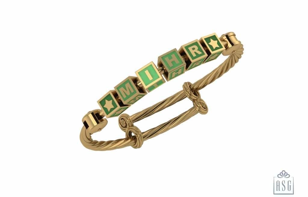 Sterling Silver 18 Kt Gold Plated Square Babykubes On Twisted Pipe Adjustable Bracelet Kada Green