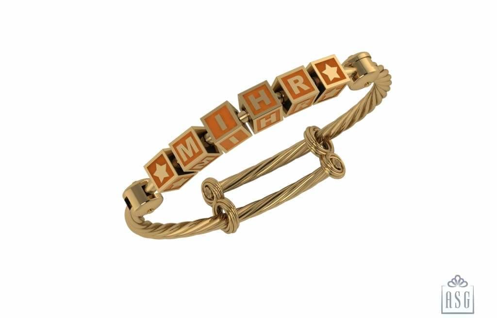 Sterling Silver 18 Kt Gold Plated Square Babykubes On Twisted Pipe Adjustable Bracelet Kada Orange