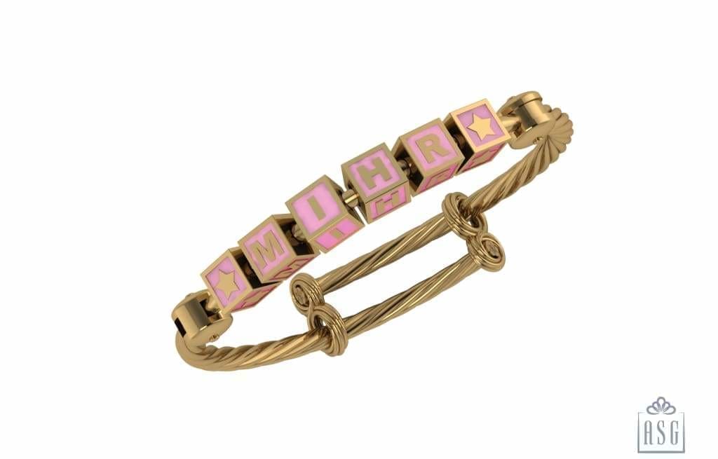 Sterling Silver 18 Kt Gold Plated Square Babykubes On Twisted Pipe Adjustable Bracelet Kada Pink