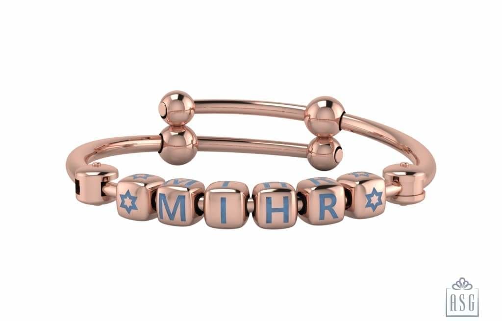 Sterling Silver 18 Kt Pink Gold Plated Dice Babykubes On Plain Pipe Adjustable Bracelet Kada Blue