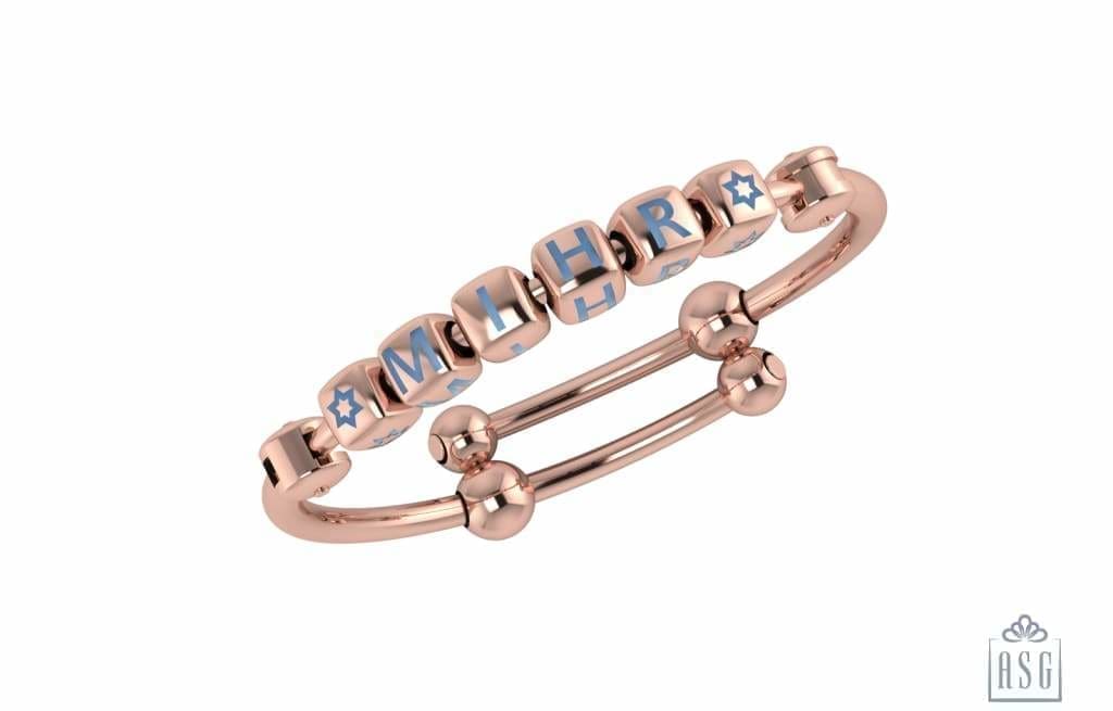 Sterling Silver 18 Kt Pink Gold Plated Dice Babykubes On Plain Pipe Adjustable Bracelet Kada Blue