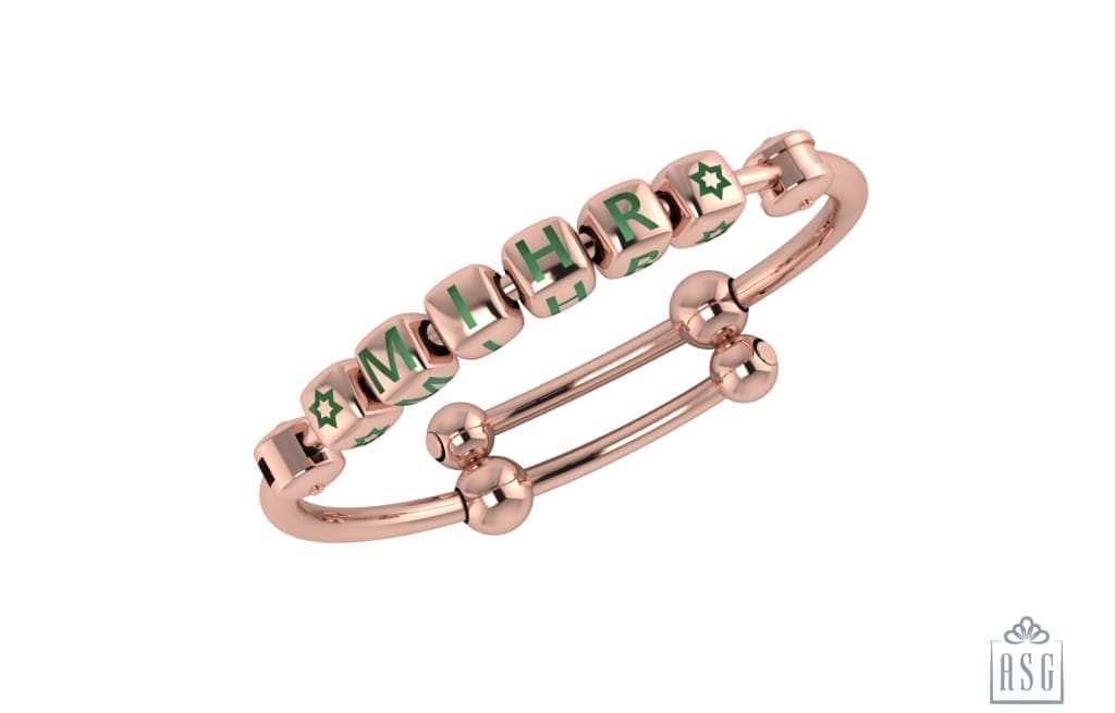 Sterling Silver 18 Kt Pink Gold Plated Dice Babykubes On Plain Pipe Adjustable Bracelet Kada Green