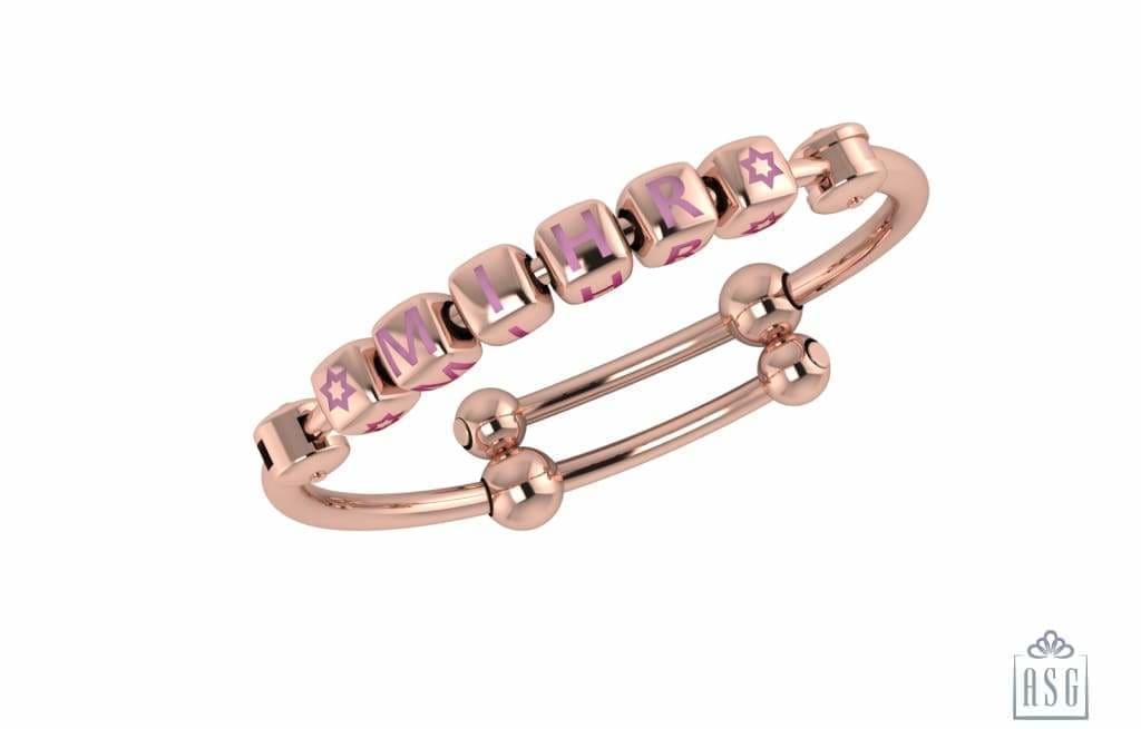 Sterling Silver 18 Kt Pink Gold Plated Dice Babykubes On Plain Pipe Adjustable Bracelet Kada