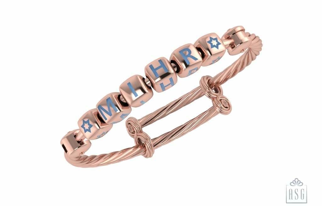 Sterling Silver 18 Kt Pink Gold Plated Dice Babykubes On Twisted Pipe Adjustable Bracelet Kada Blue