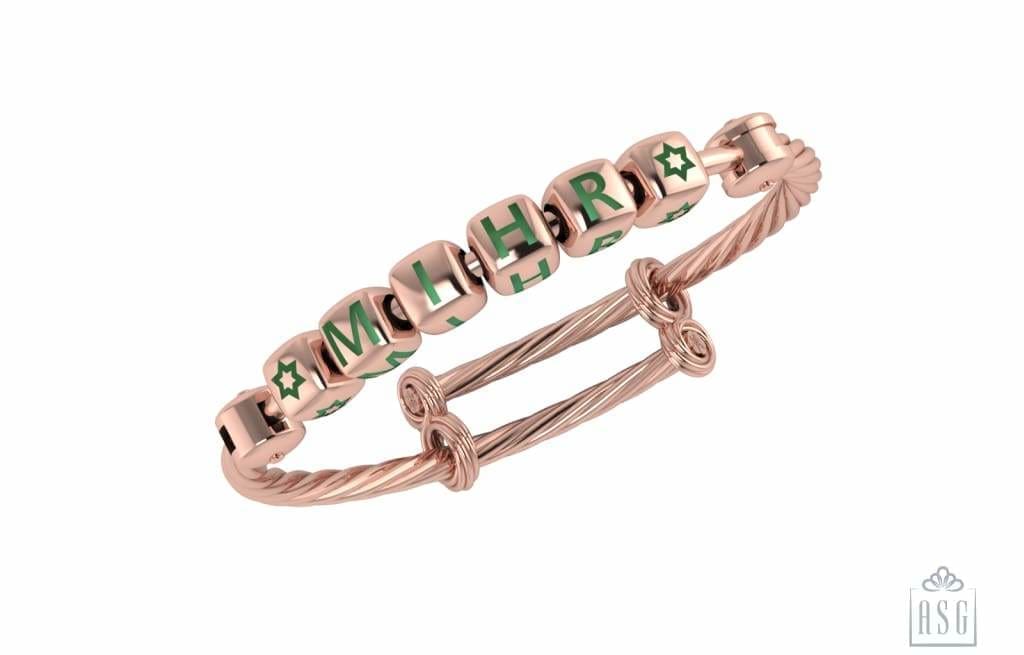 Sterling Silver 18 Kt Pink Gold Plated Dice Babykubes On Twisted Pipe Adjustable Bracelet Kada Green