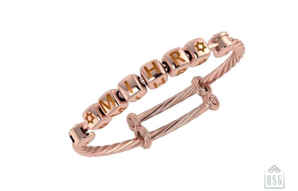 Sterling Silver 18 Kt Pink Gold Plated Dice Babykubes On Twisted Pipe Adjustable Bracelet Kada